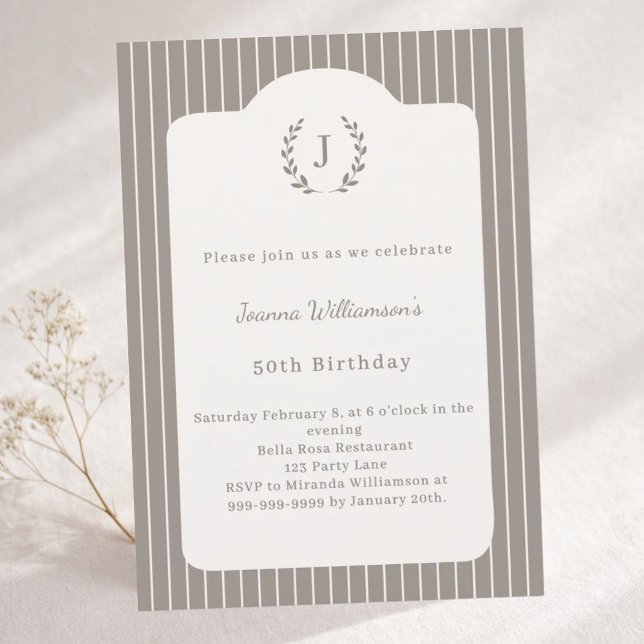 Invitación Birthday Ivory Taupe Neutral Pinstriped Monogram (Subido por el creador)