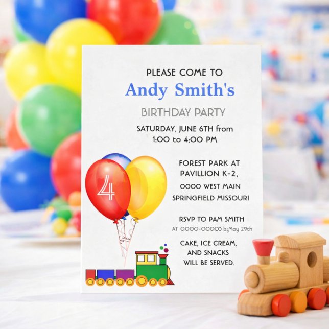 Invitación Birthday Party Balloons & Train  (Editable birthday invitation template for boys  personalize name, age, and details)