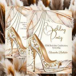 Invitación Birthday Party Beige Cream Gold Heel Stiletto Shoe