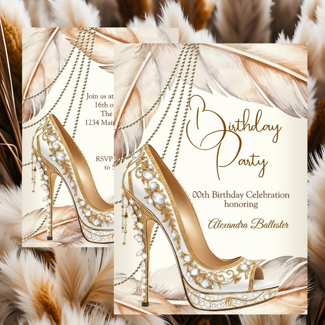 Invitación Birthday Party Beige Cream Gold Heel Stiletto Shoe (Subido por el creador)