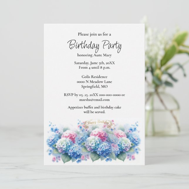 Invitación Birthday Party Blue Hydrangea Flower Invitation (Anverso de pie)