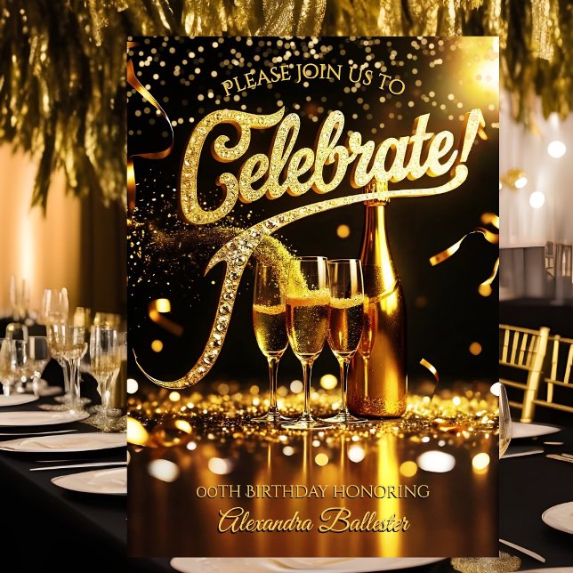 Invitación Birthday Party Celebrate Champagne Streamers Gold (Subido por el creador)