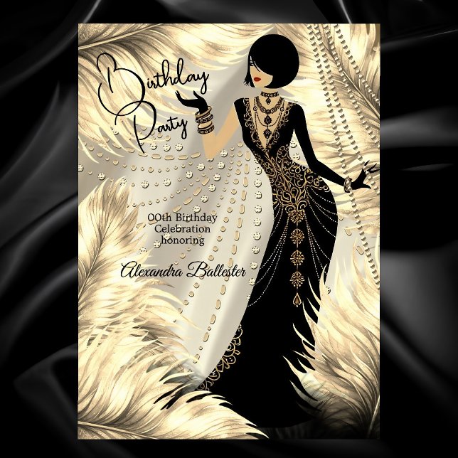 Invitación Birthday Party Cream Gold Black Dress Feathers (Subido por el creador)