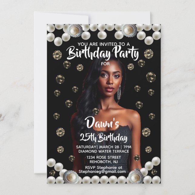 Invitación Birthday Party Diamond, & Pearl Photo Black (Anverso)