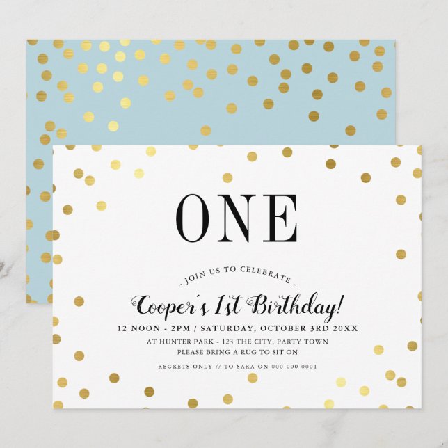 Invitación BIRTHDAY PARTY elegante oro confetti blue boy (Anverso / Reverso)