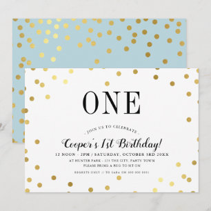 Invitación BIRTHDAY PARTY elegante oro confetti blue boy