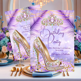 Invitación Birthday Party Lilac Teal Tiara Gold Heel Stiletto