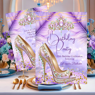 Invitación Birthday Party Lilac Teal Tiara Gold Heel Stiletto