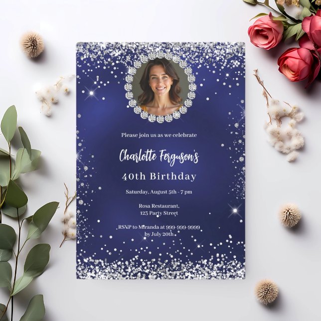 Invitación Birthday party navy blue diamond photo (Subido por el creador)