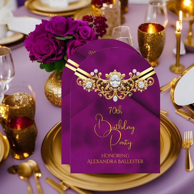 Invitación Birthday Party Plum Faux Velvet Gold Diamonds Gems (Subido por el creador)