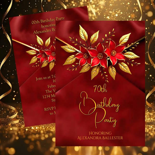 Invitación Birthday Party Red Flowers Faux Crush Velvet Gold (Subido por el creador)
