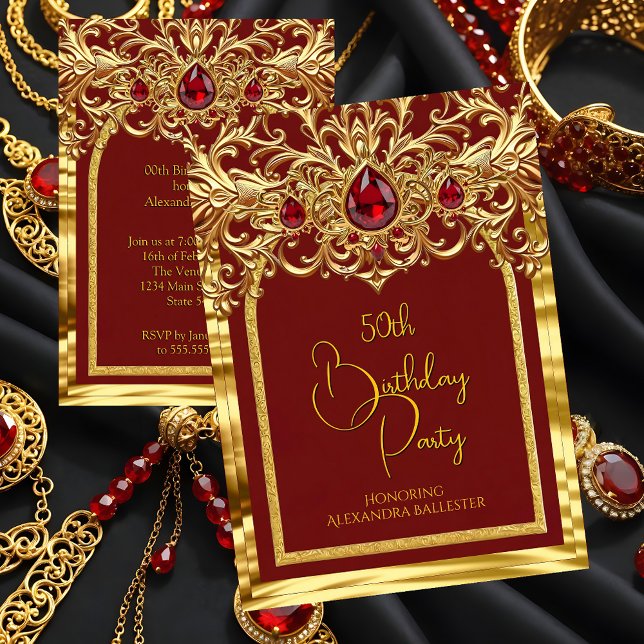 Invitación Birthday Party Regal Red Gold Lace Diamonds Gems (Subido por el creador)