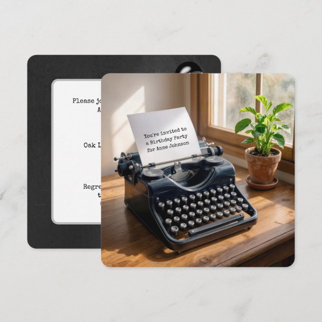 Invitación Birthday Party Retro Typewriter by a Window (Anverso / Reverso)