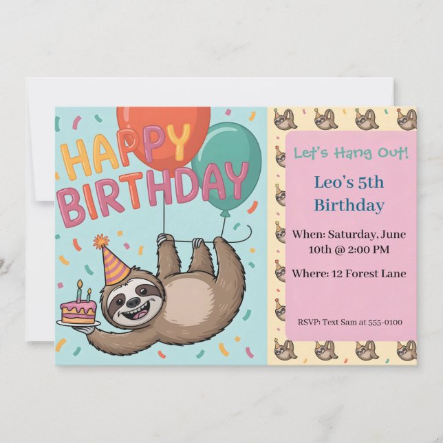 Invitación Birthday Party Sloth with Balloons and Cake (Anverso)