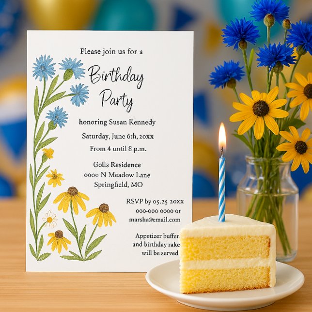 Invitación Birthday Party Watercolor Wildflowers  (Birthday invitation featuring floral, blue, yellow wildflowers, a summer party theme, watercolor )