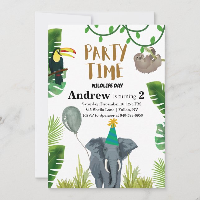 Invitación Birthday party wildlife jungle animals  (Anverso)