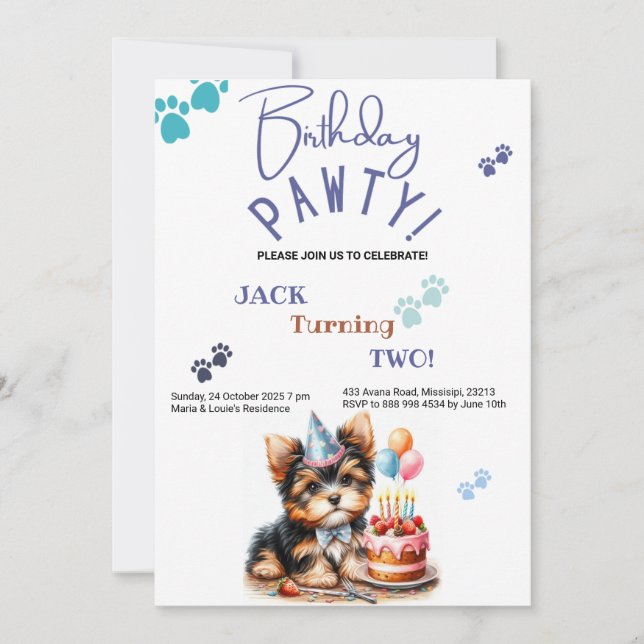 Invitación Birthday Pawty Yorkshire Terrier Dog Cumpleaños (Anverso)