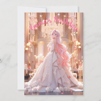 Invitación Birthday Pink hair princess in a white ballgown