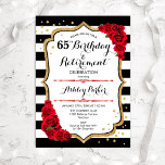 Invitación Birthday & Retirement Party - Black White Red Gold<br><div class="desc">Birthday & Retirement Party Invitation. Elegant design in black,  gold and red. Features black and white stripes,  stylish script font,  faux glitter gold and confetti. Perfect for a glam birthday & retirement joint celebration. Customize with your own details.</div>