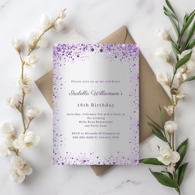 Invitación Birthday silver purple glitter (Subido por el creador)