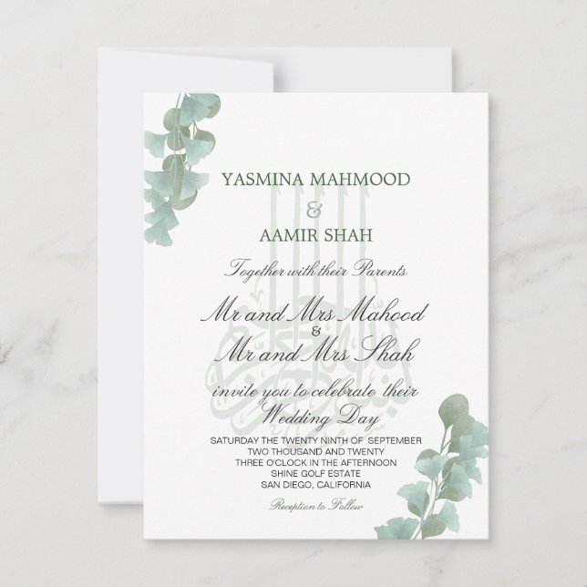 Invitación Bismillah Islam Eucalyptus Elegante Boda (Anverso)