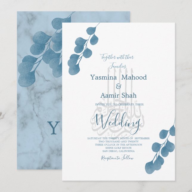 Invitación Bismillah islámico Eucaliptus azul Boda moderno (Anverso / Reverso)