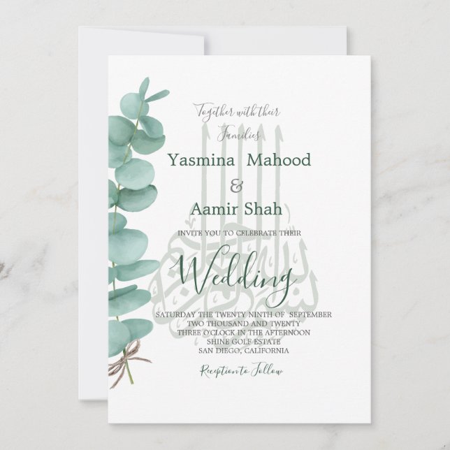 Invitación Bismillah islámico Eucalyptus Elegante Boda (Anverso)