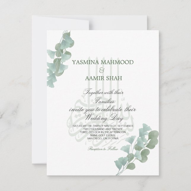 Invitación Bismillah islámico Eucalyptus Elegante Boda (Anverso)