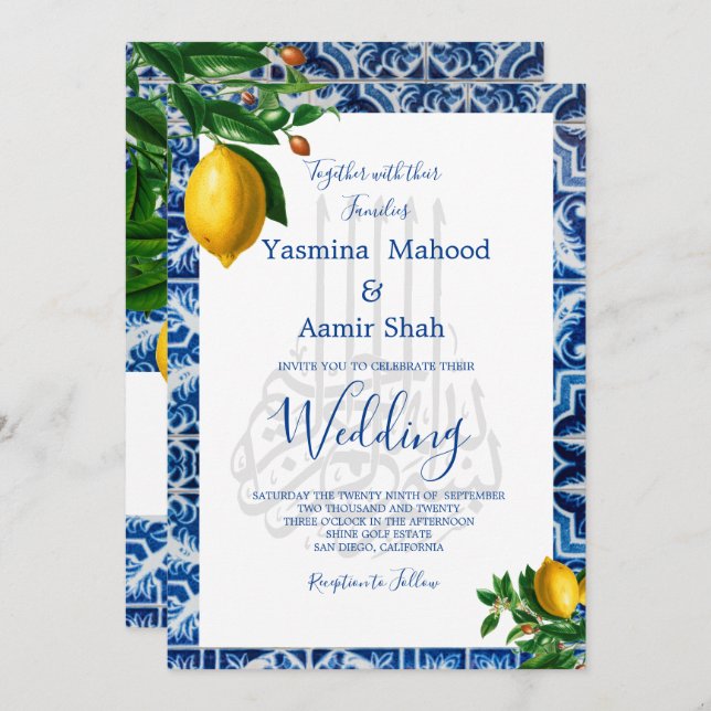 Invitación Bismillah islámico Lemons Blue White Tile Monogram (Anverso / Reverso)