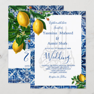 Invitación Bismillah islámico Lemons Blue White Tile Monogram
