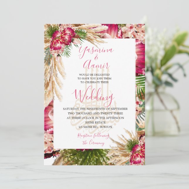 Invitación Bismillah Pampas Protea Boda floral (Anverso de pie)