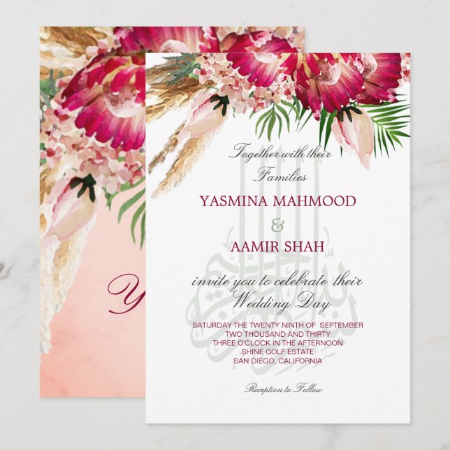 Invitación Bismillah Pampas Protea Boda floral (Anverso / Reverso)