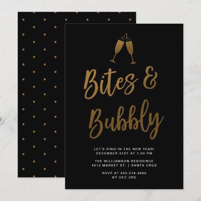 Invitación Bites y burbujas | Fiesta de Año Nuevo con guión d (Anverso / Reverso)