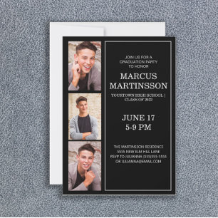 Invitación Black 3 Photo Modern Graduation Party