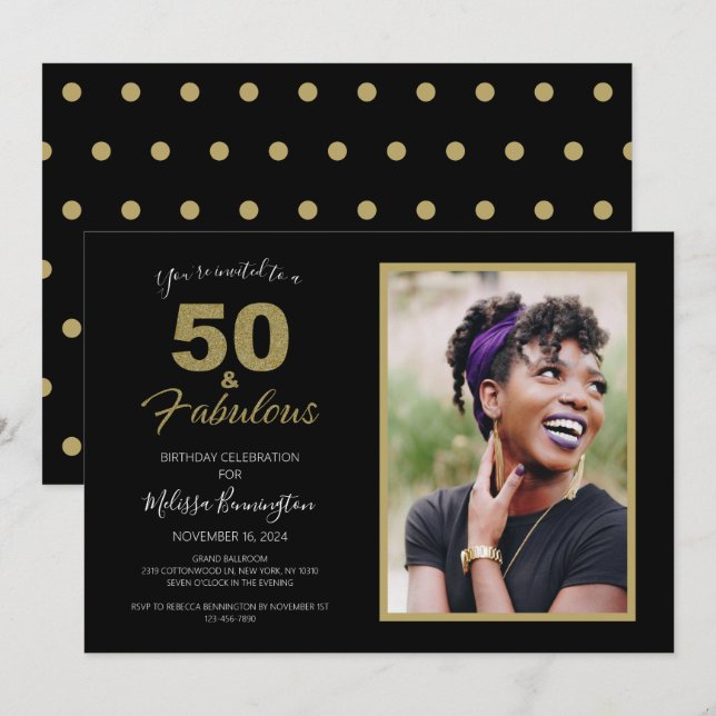 Invitación Black 50 y fabulosa foto de fiesta de cumpleaños n (Anverso / Reverso)