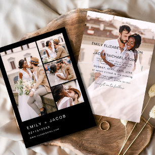 Invitación Black 5 Photo Modern Elegant Wedding