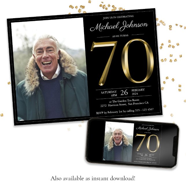 Invitación Black 70th Birthday Gold Textos Clásicos Foto mode (Black 70th Birthday Gold Text Classy Modern Photo Invitation)