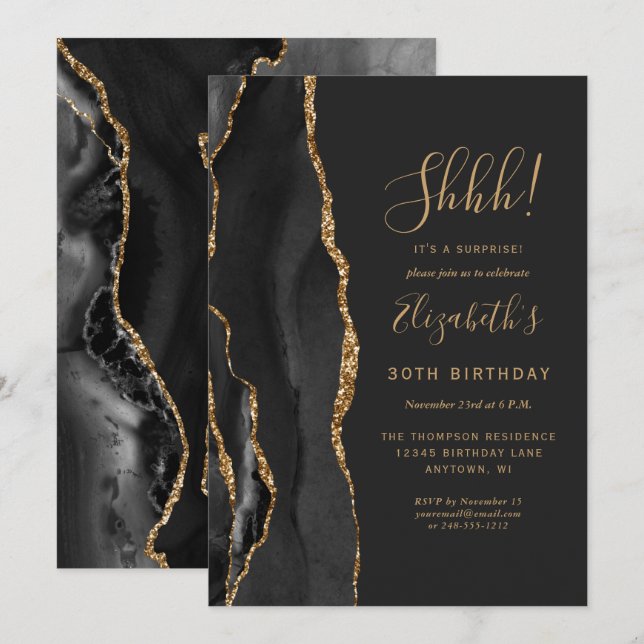 Invitación Black Agate Gold Surprise Birday Party (Anverso / Reverso)
