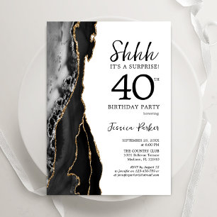 Invitación Black Agate Gold White Surprise 40 cumpleaños