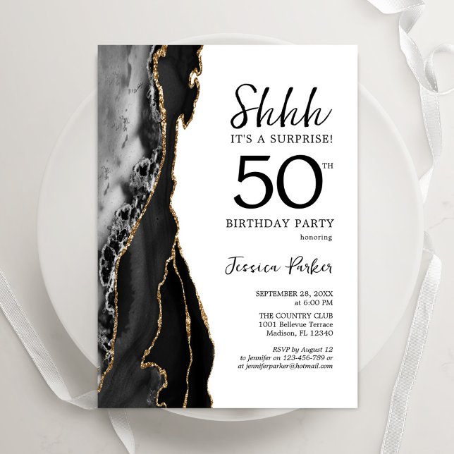 Invitación Black Agate White Gold Surprise 50 cumpleaños (Subido por el creador)