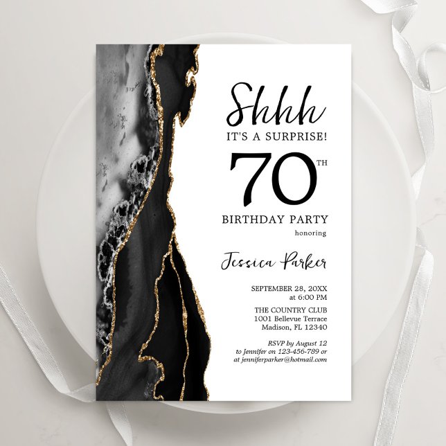 Invitación Black Agate White Gold Surprise Cumpleaños 70 (Subido por el creador)