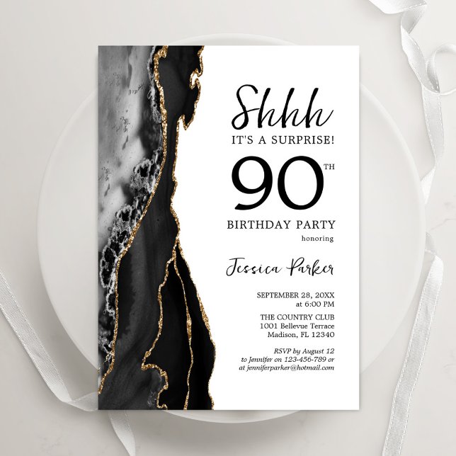Invitación Black Agate White Gold Surprise Cumpleaños 90 (Subido por el creador)