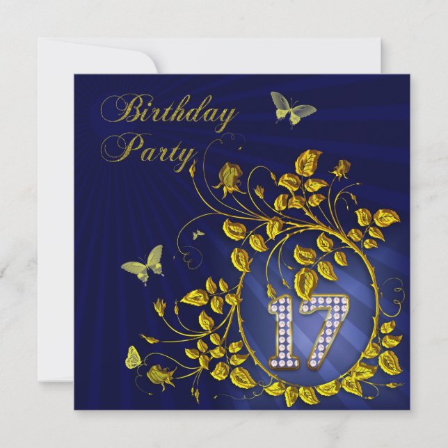 Invitación Black and Gold 17th Birthday party (Anverso)
