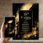 Invitación Black and Gold 18th Birthday Party<br><div class="desc">Invite a sus amigos y seres queridos a cumplir 18 años con esta moderna invitación de cumpleaños en negro y oro. El área de texto de personalizable de esta plantilla de invitación le permite incluir sin esfuerzo todos los detalles necesarios para su celebración especial de cumpleaños, incluyendo la fecha, hora,...</div>