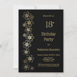 Invitación Black and Gold 18th Birthday Party<br><div class="desc">Una elegante invitación negra a la fiesta de cumpleaños número 18 con un rocío de flores de oro.</div>