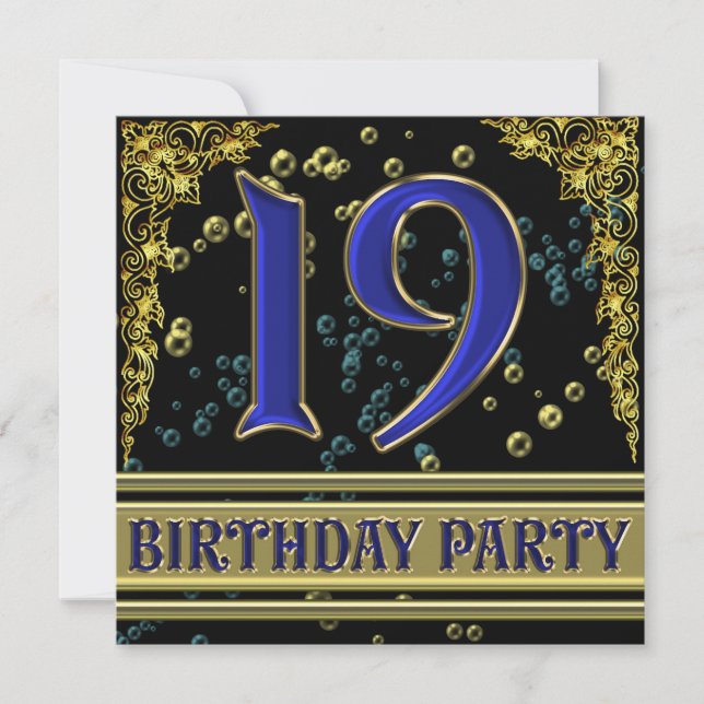 Invitación Black and Gold 19th Birthday party (Anverso)