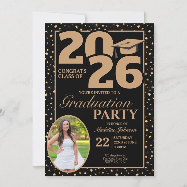 Invitación Black and Gold 2026 Photo Graduation Invitation (Anverso)