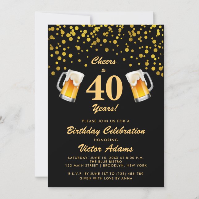 Invitación Black and Gold 40° cumpleaños | Saludos y cervezas (Anverso)