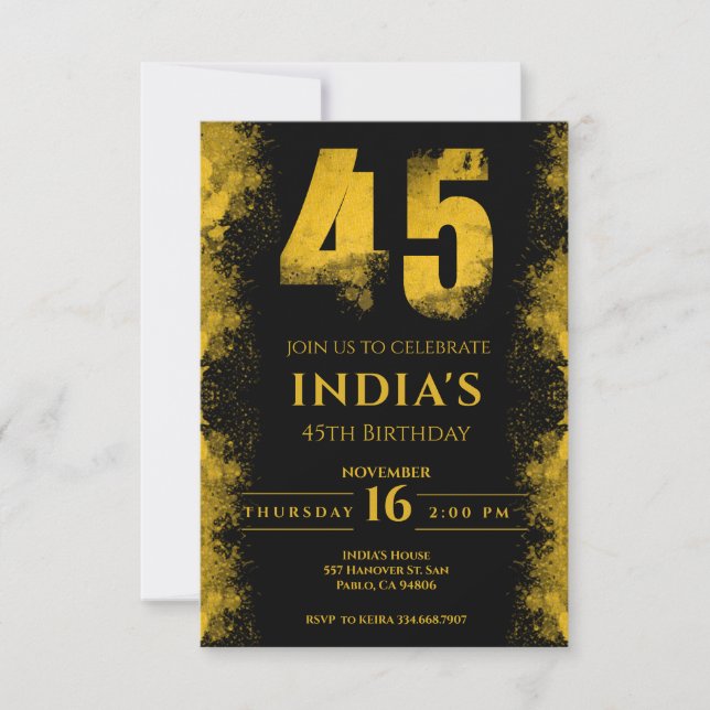 Invitación Black And Gold 45th Birthday Party (Anverso)