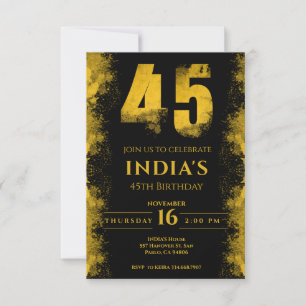 Invitación Black And Gold 45th Birthday Party